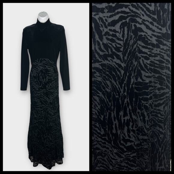 Black Velvet Mockneck Long Sleeve Animal print burnout skirt Maxi Dress Size 0 - Picture 1 of 8
